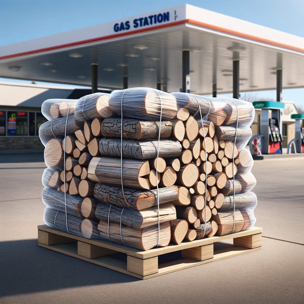 Firewood stacked outside of a gas station