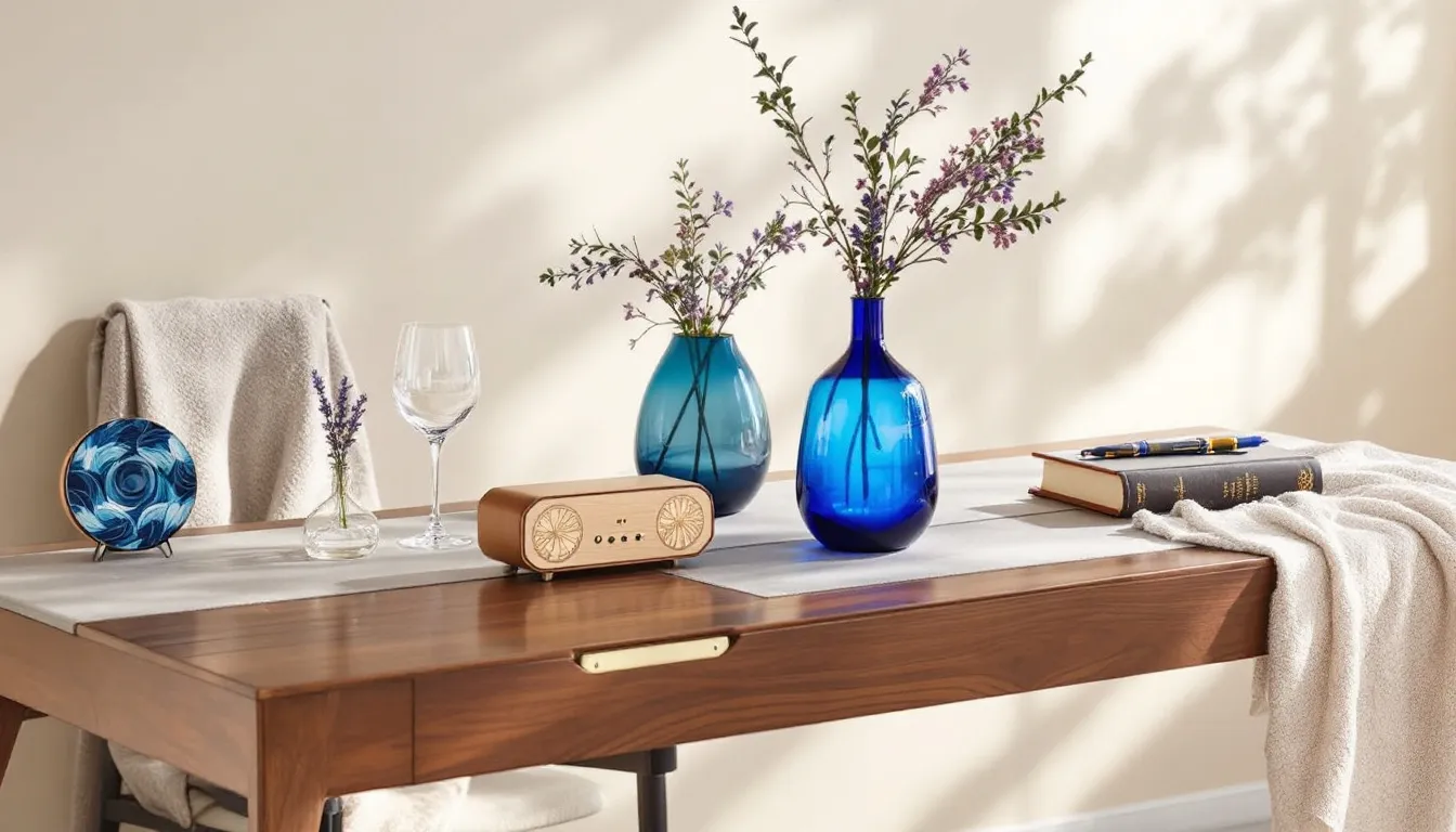 A variety of thoughtful speaker gifts displayed on a table.