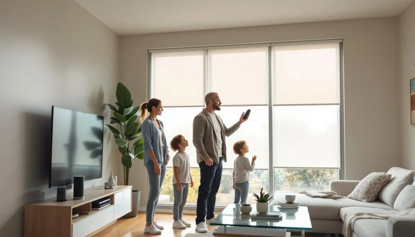 A family is gathered in a modern living room, using voice control to operate electric roller blinds, enhancing their daytime privacy while enjoying the convenience of their smart home automation system. The sleek design of the motorised blinds complements the room's decor, allowing them to filter sunlight effortlessly.