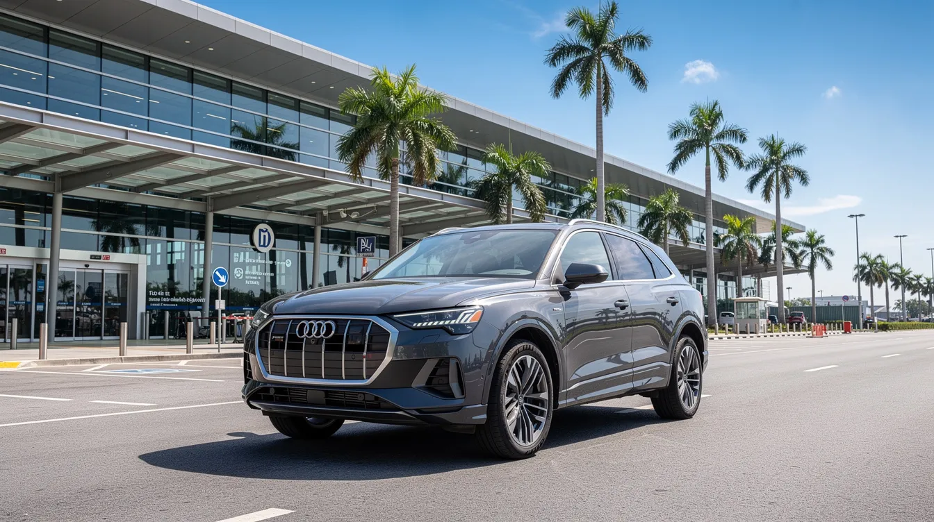 Un SUV moderne est garé devant le terminal d'un aéroport, sous un ciel bleu éclatant, tandis que des palmiers se dressent en arrière-plan, évoquant une ambiance de vacances au Maroc. Cette image illustre l'importance de la location de voitures pour les voyageurs, offrant une solution pratique à leurs besoins de transport.