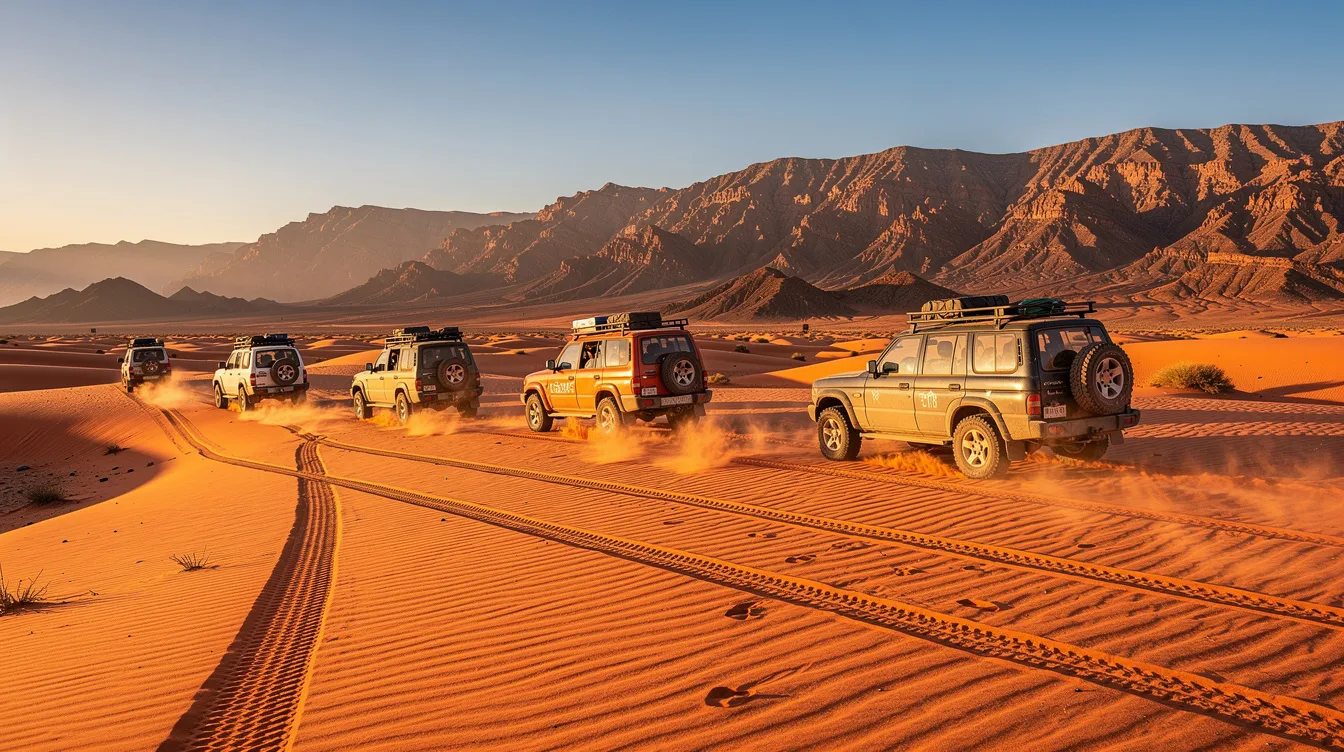 Des véhicules 4x4 traversent un paysage désertique marocain, avec des montagnes en arrière-plan.