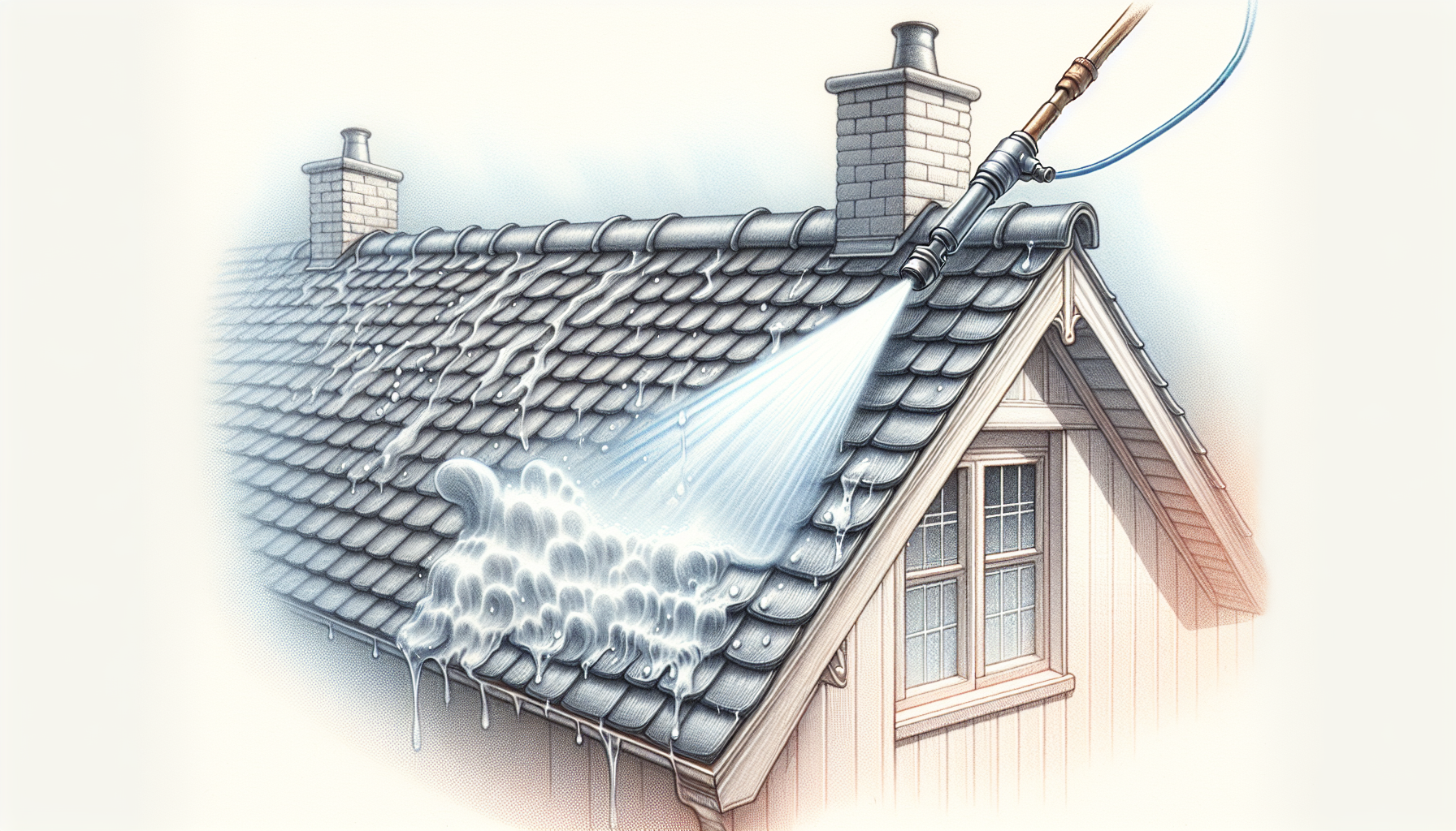 Illustration of a soft washing technique for roof cleaning