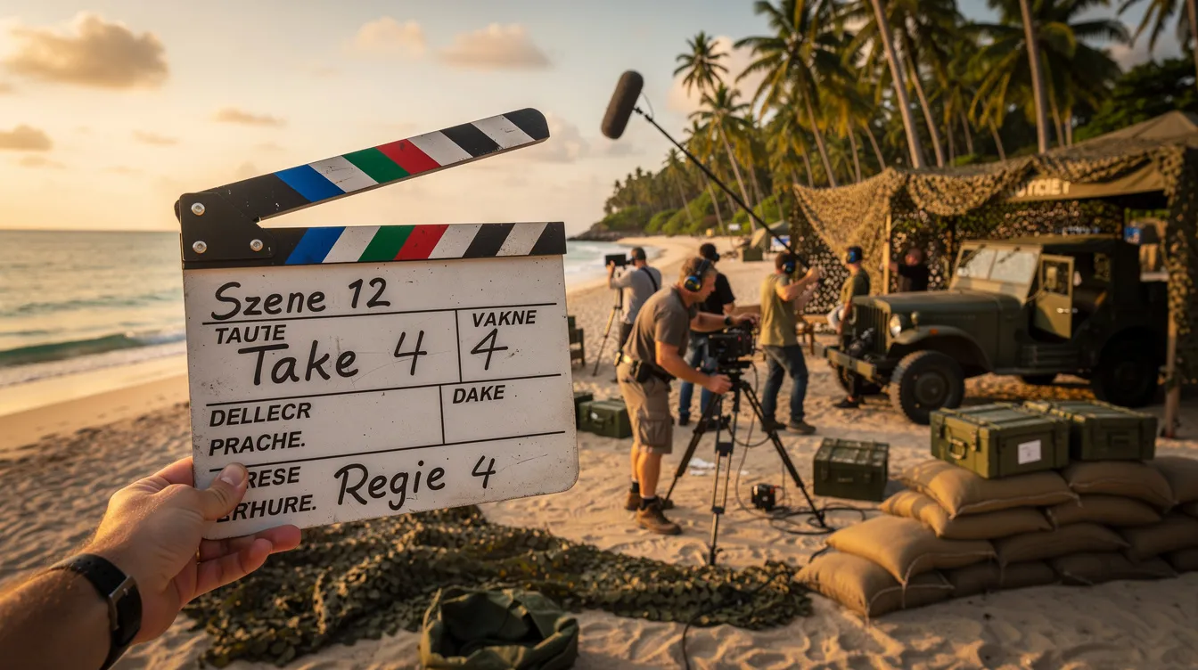 Eine Filmklappe steht vor einem tropischen Strandset, umgeben von Palmen und militärischen Requisiten, während Crewmitglieder im Hintergrund eine Szene für "Rogue One: A Star Wars Story" vorbereiten. Die Atmosphäre ist lebhaft und vermittelt das Gefühl einer spannenden Produktion im Star Wars-Universum.