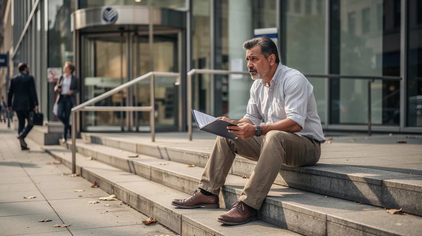 9c160678 ba3e 466f b178 043cd270ad57 A small shop owner is seated outside a bank, holding documents related to their business financing needs, possibly for a mudra loan application. The scene reflects the challenges faced by small business owners seeking financial assistance from financial institutions to support their ventures.
