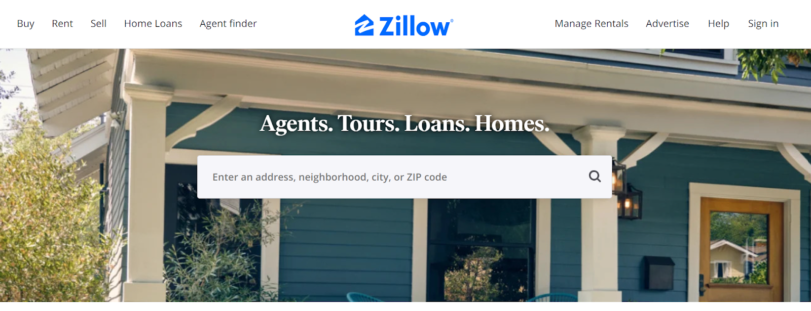 Homepage of Zillow with searchbar option to find agents, homes etc.