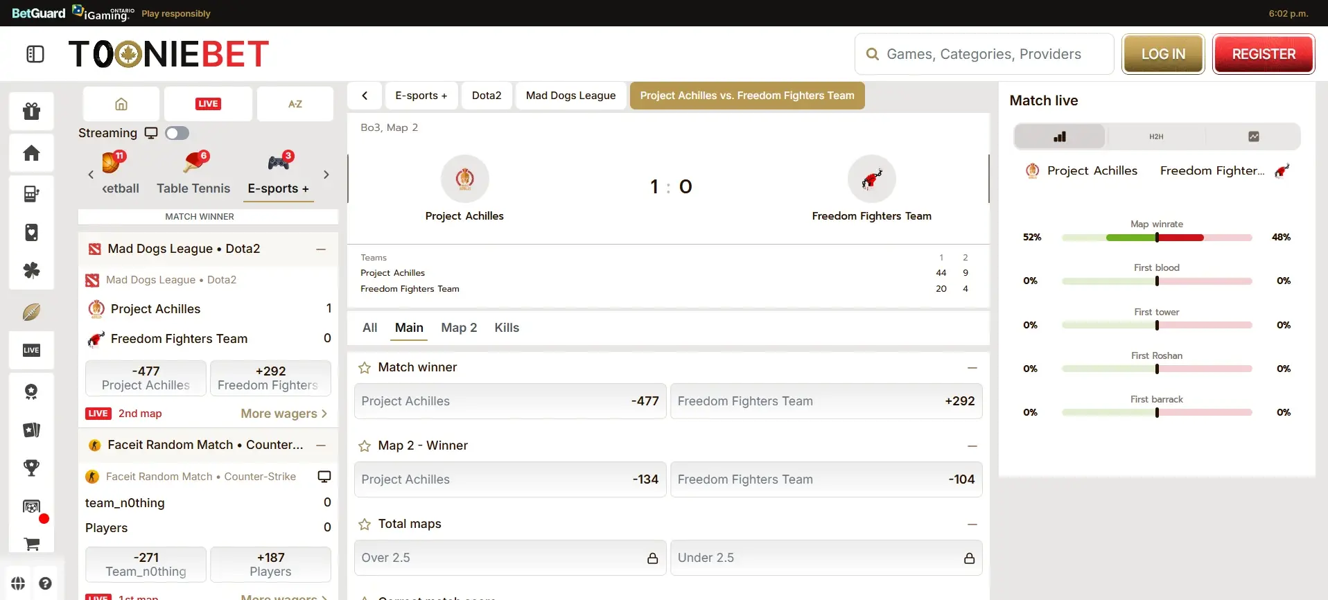 A desktop view screenshot of ToonieBet's Dota 2 betting odds.
