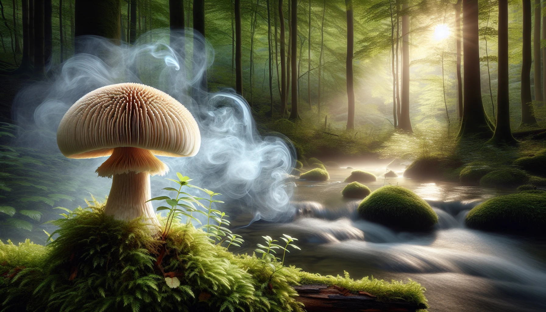 Illustration of Lion's Mane mushroom in a spiritual setting