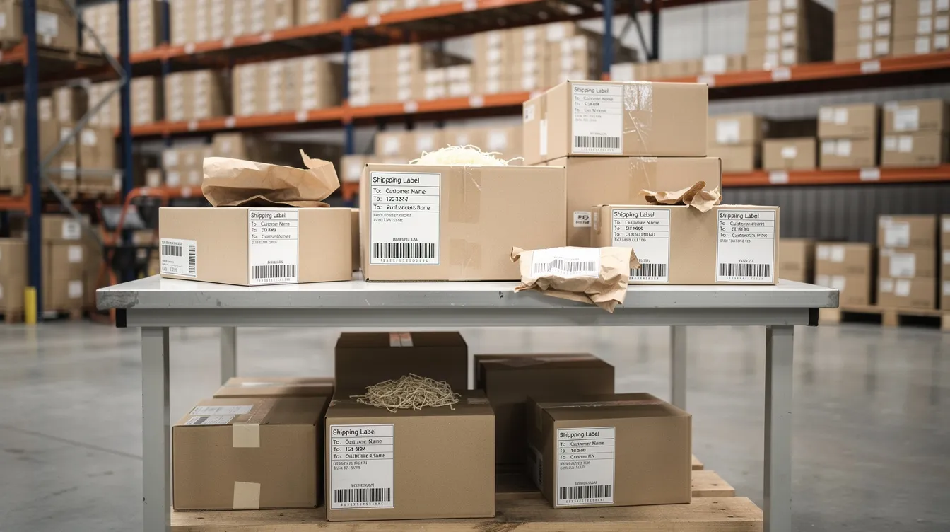 The image shows a warehouse table filled with cardboard boxes being packed, each adorned with visible shipping labels, indicative of a busy eBay seller preparing for shipments. This scene reflects the organization and efficiency required to maintain top rated seller status while providing exceptional customer service to US buyers.