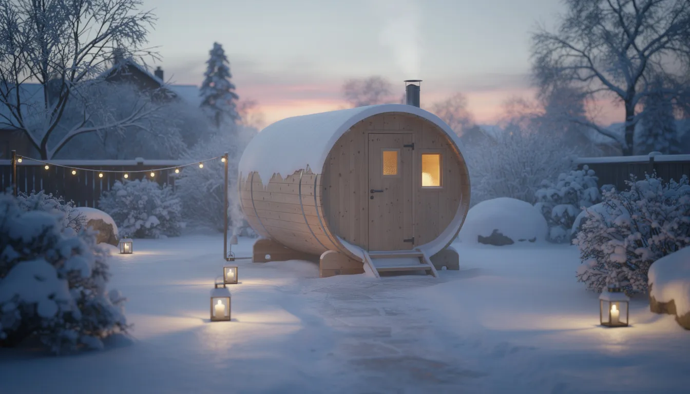 A cozy barrel sauna sits in a snowy garden at dusk, with steam rising into the cool air and soft outdoor lighting illuminating its wooden structure. This outdoor sauna offers a unique experience, allowing for relaxation amidst natural surroundings while providing health benefits like improved circulation.