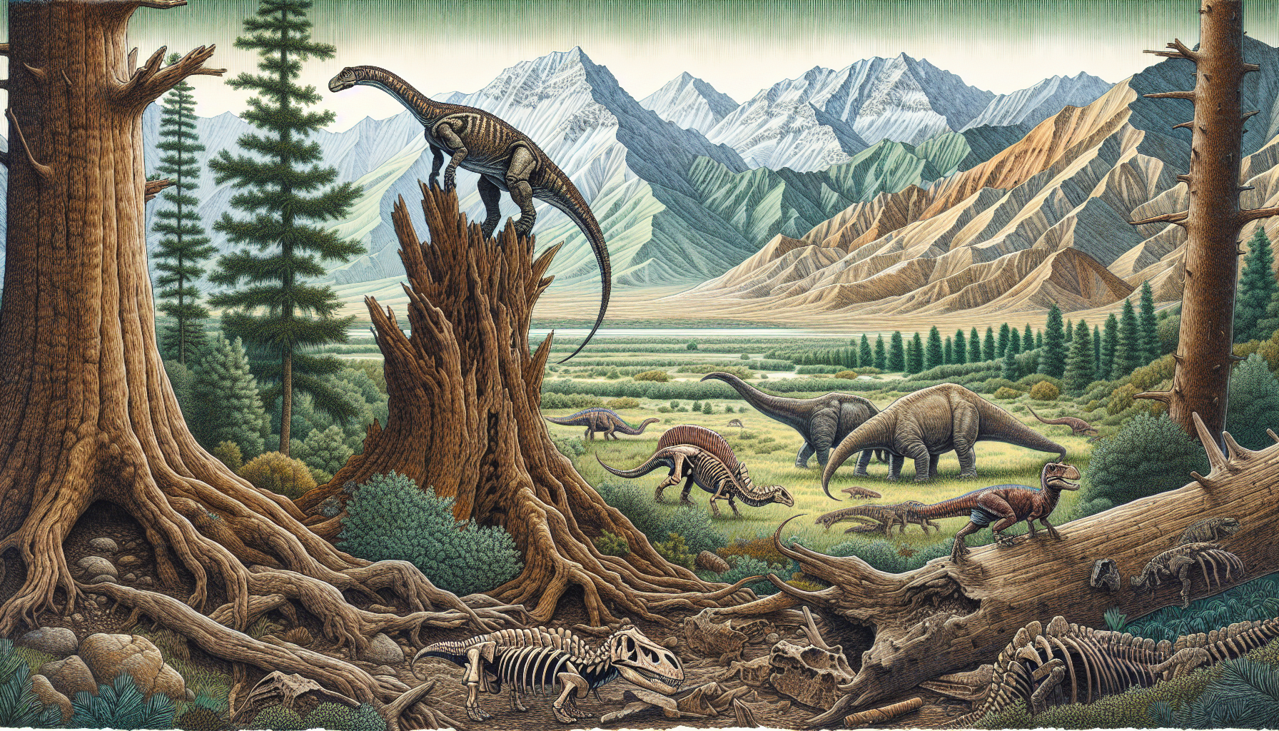 Zeichnung von Dinosauriern in der mongolischen Landschaft
