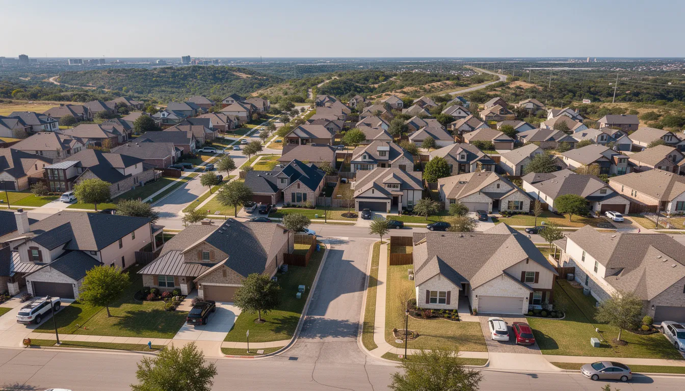 An aerial view of a residential neighborhood in Austin, Texas showcases single-family homes surrounded by greenery. This image highlights the community where homeowners may be affected by issues such as water damage, emphasizing the importance of immediate response and effective flood cleanup services to restore properties to their pre-loss condition.