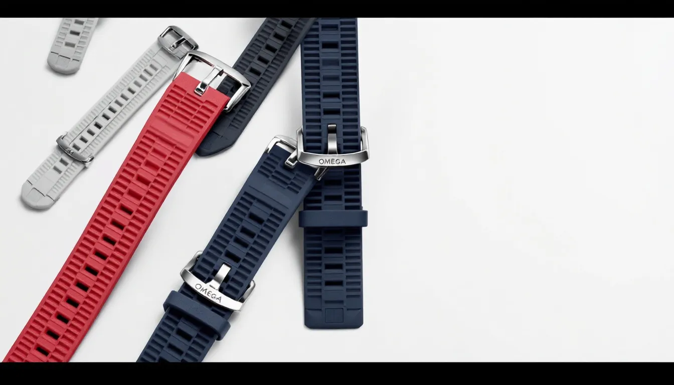 Key features of Omega Seamaster rubber straps illustrated with various strap designs.