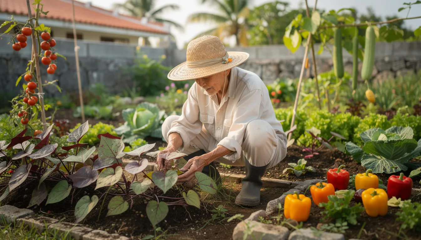An elderly Okinawan person is tending to a vibrant garden filled with colorful vegetables and sweet potato plants, reflecting the principles of the traditional Okinawan diet, which emphasizes nutrient-dense, plant-based foods. This scene highlights the importance of unprocessed foods and traditional eating patterns that contribute to the Okinawan lifestyle and its associated health benefits.