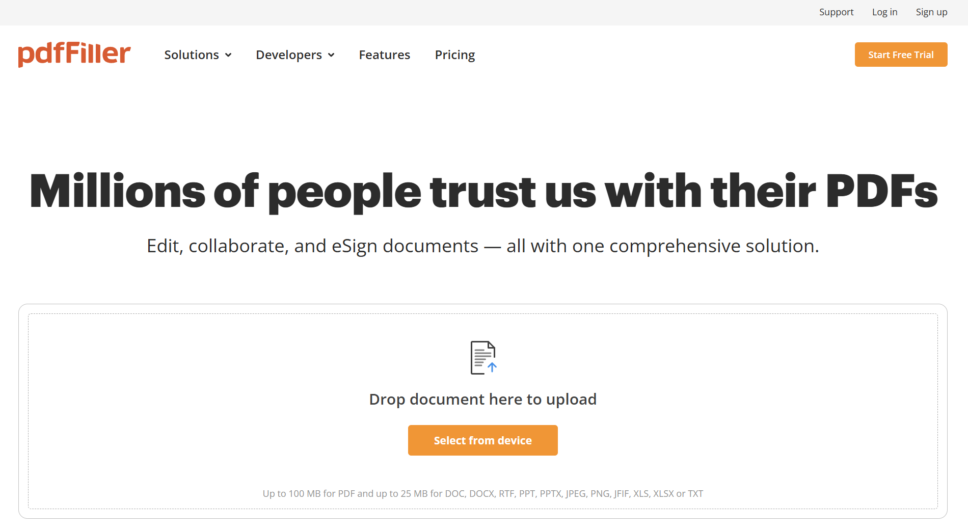 pdfFiller homepage highlighting PDF editing, collaboration, eSignature, and document upload capabilities, with a drag-and-drop area and free trial option.