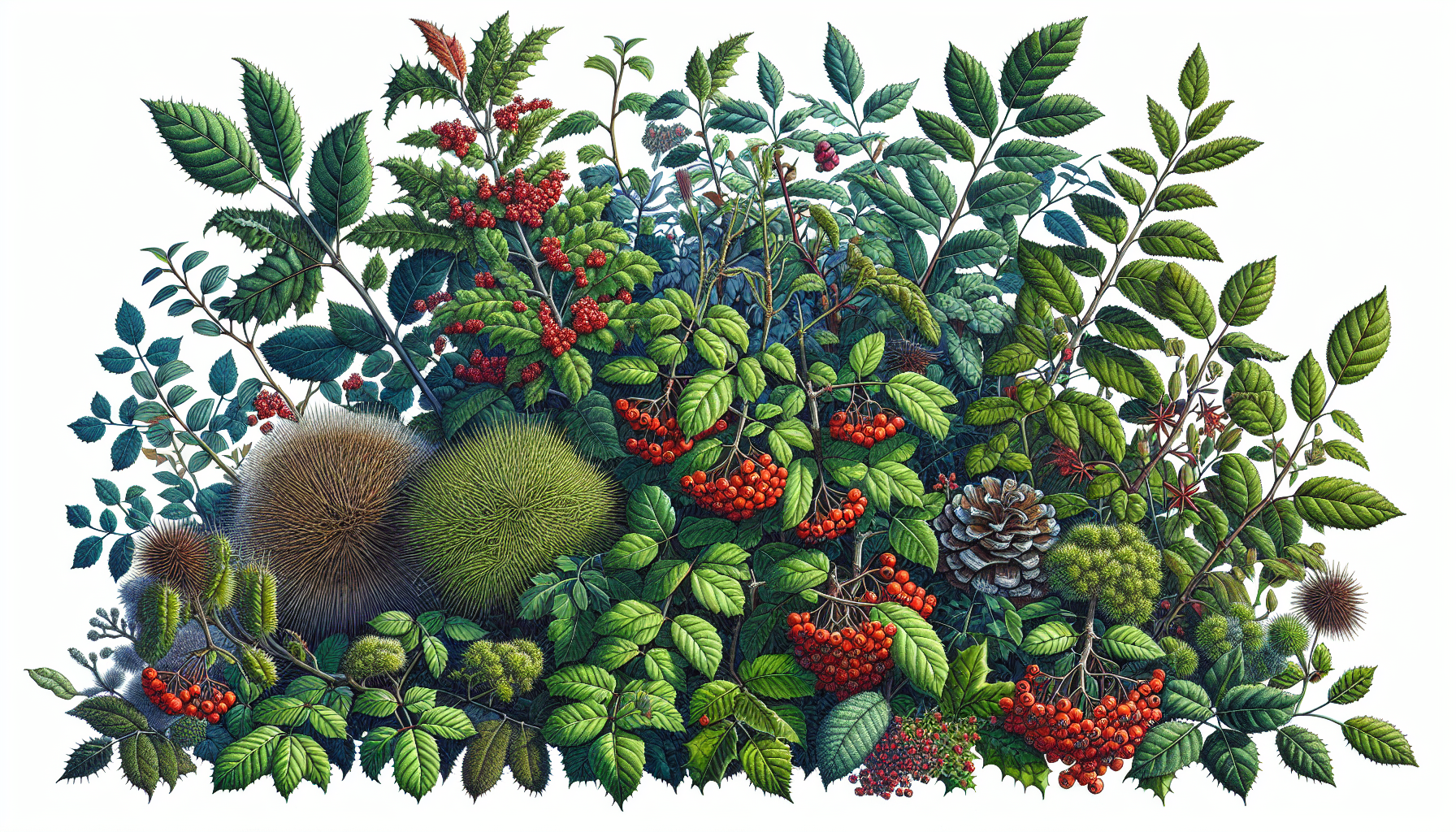 Illustration of diverse native plants forming a wildlife hedge