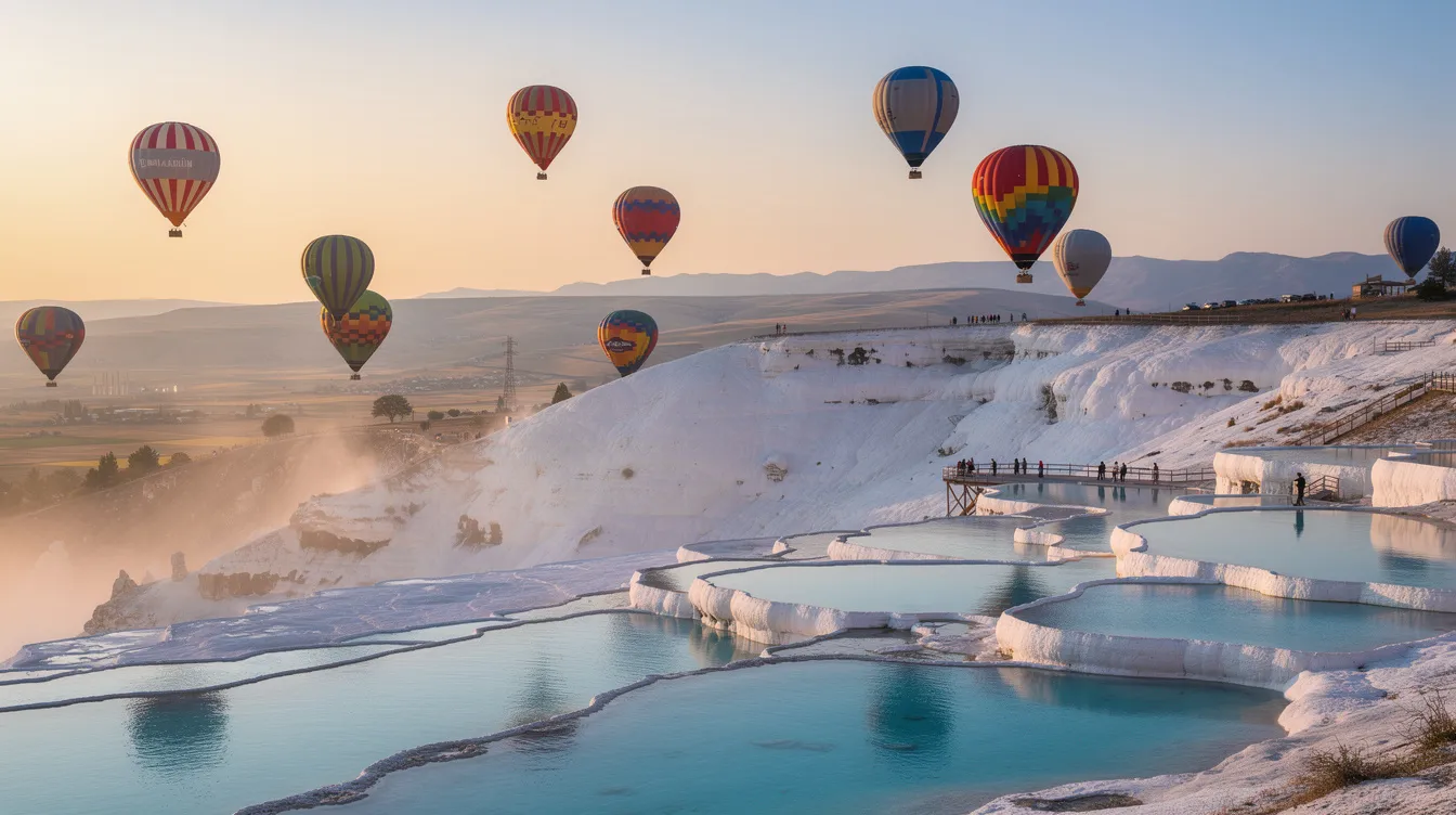 A imagem mostra balões coloridos flutuando sobre as impressionantes formações de calcário de Pamukkale, na Turquia, conhecidas como "castelo de algodão". Ao fundo, é possível ver o céu azul e as piscinas termais que atraem turistas de todo o mundo.