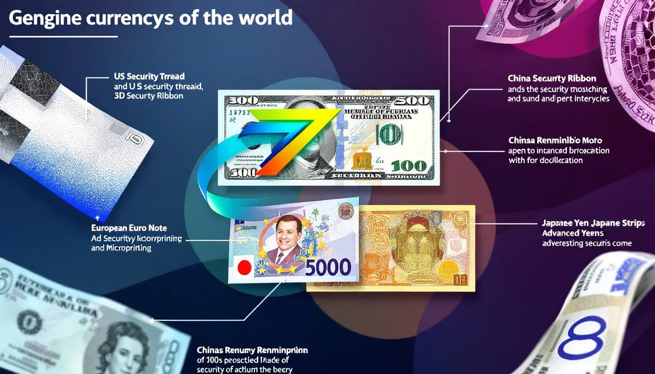 An assortment of genuine currency displaying various security features.