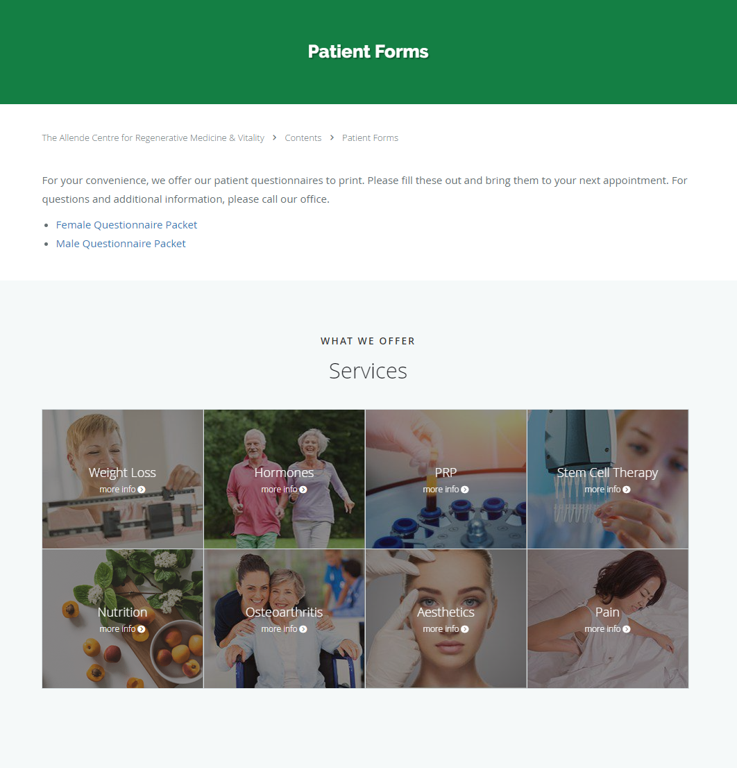 Allande Centre includes their services at the bottom of every site page, providing quick access to essential practice information for patients.