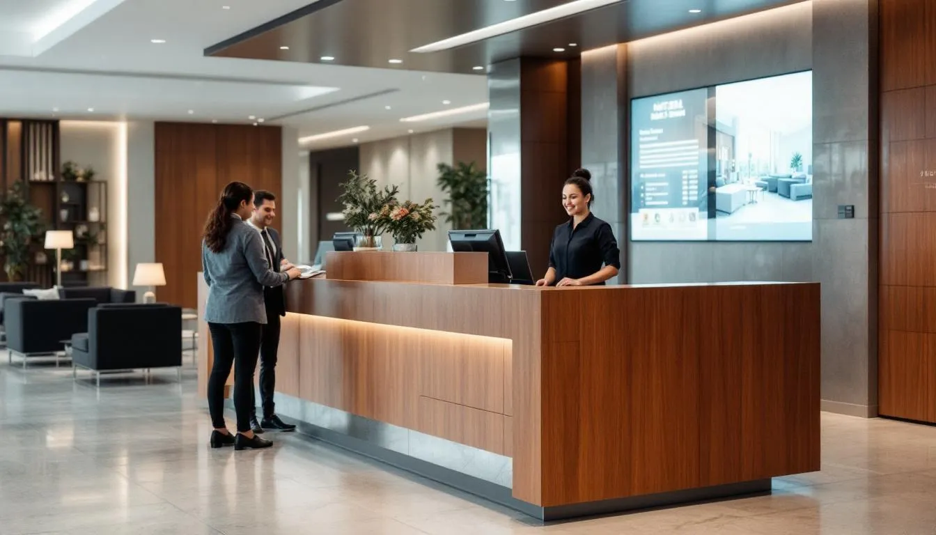 A modern hotel reception desk is shown with welcoming staff members ready to assist guests, featuring advanced computer systems that streamline front desk operations and enhance guest experiences. The setup highlights the use of hotel management software to efficiently manage reservations, guest data, and overall hotel operations.