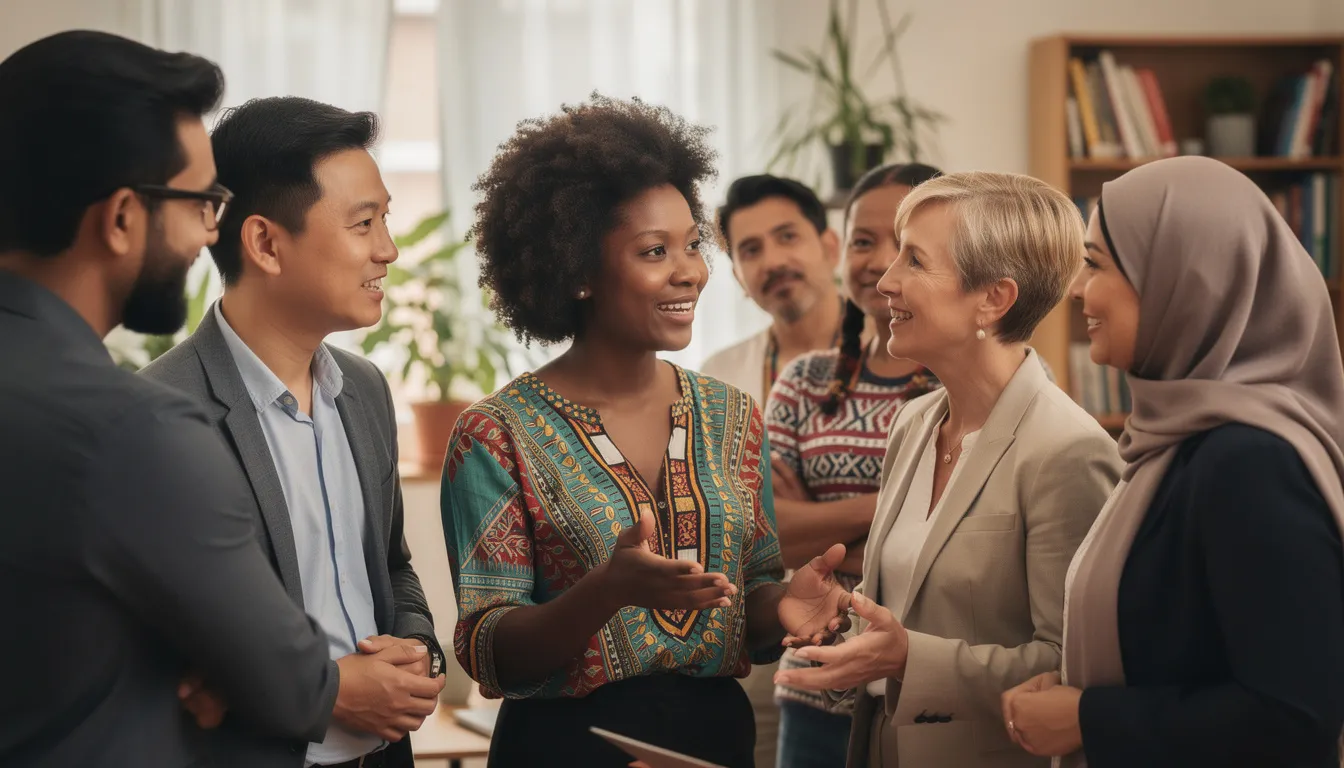 Na obrazie widoczna jest różnorodna grupa ludzi z różnych kontynentów, którzy prowadzą ożywioną rozmowę. Wśród nich można dostrzec osoby mówiące po hiszpańsku, co podkreśla znaczenie języka hiszpańskiego jako jednego z najbardziej rozpowszechnionych języków na świecie.