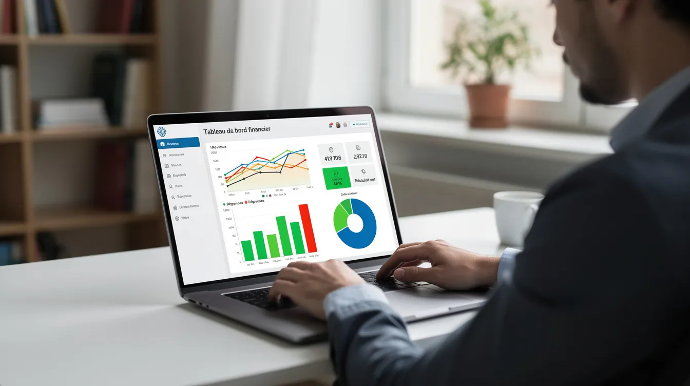 Une personne est assise devant un ordinateur portable, en train de travailler sur un tableau de bord financier qui affiche des graphiques colorés, représentant les revenus et les dépenses. Cette image illustre la gestion des finances personnelles et l'importance d'établir un budget pour atteindre ses objectifs financiers.