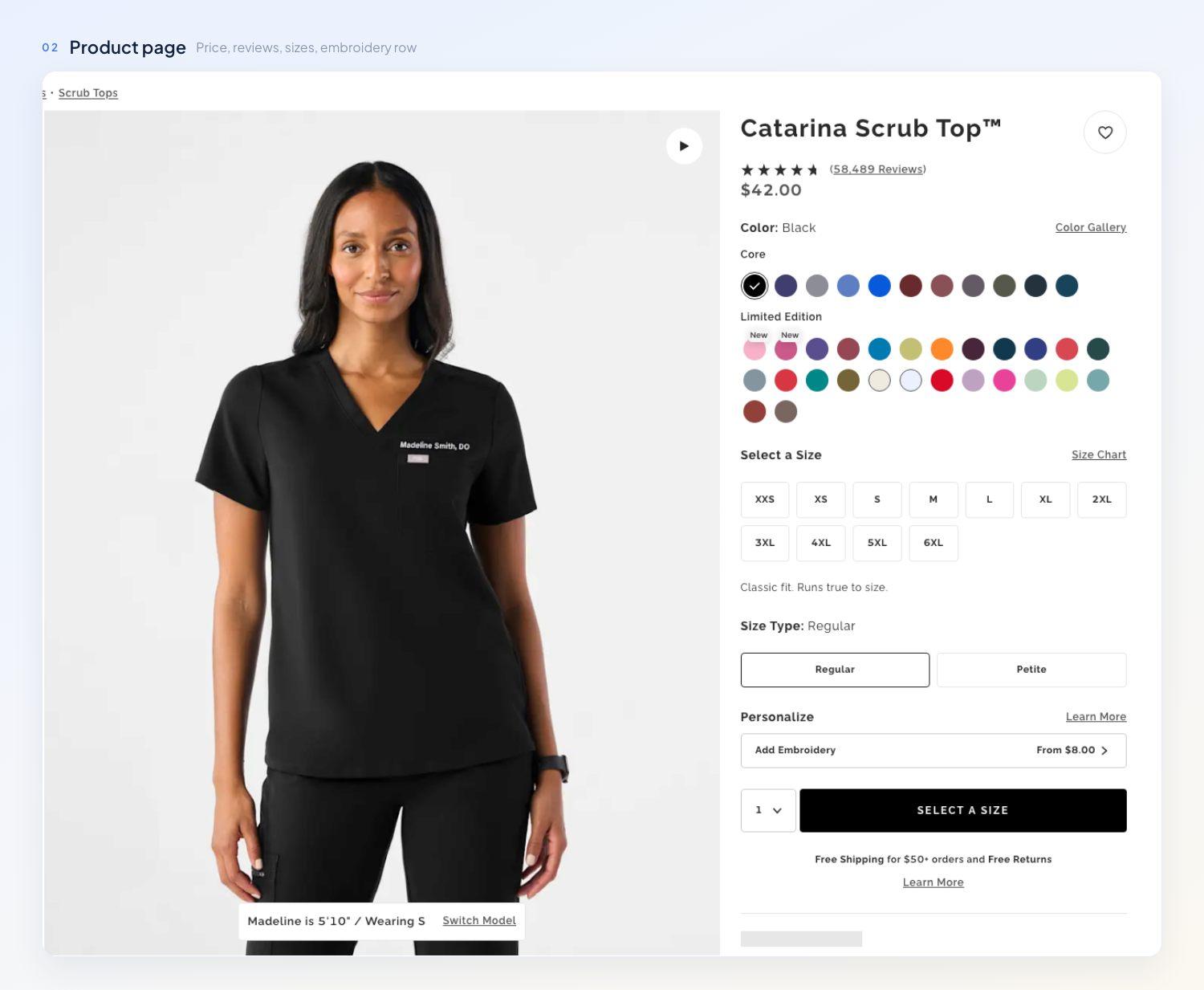 The Catarina Scrub Top page: eleven size buttons with a size chart link, model height and size worn on the photo, embroidery and matching pant add-ons, and free shipping and returns under the button