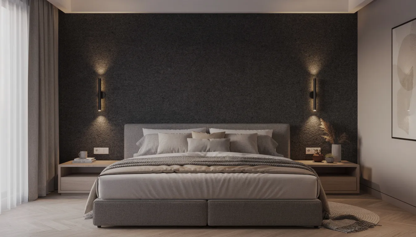 Een elegante slaapkamer met een donkergrijze viltwandbekleding achter een boxspring, verlicht door warme wandverlichting. De akoestische panelen, gemaakt van gerecyclede pet flessen, zorgen voor een betere akoestiek en een stijlvolle uitstraling in de ruimte.