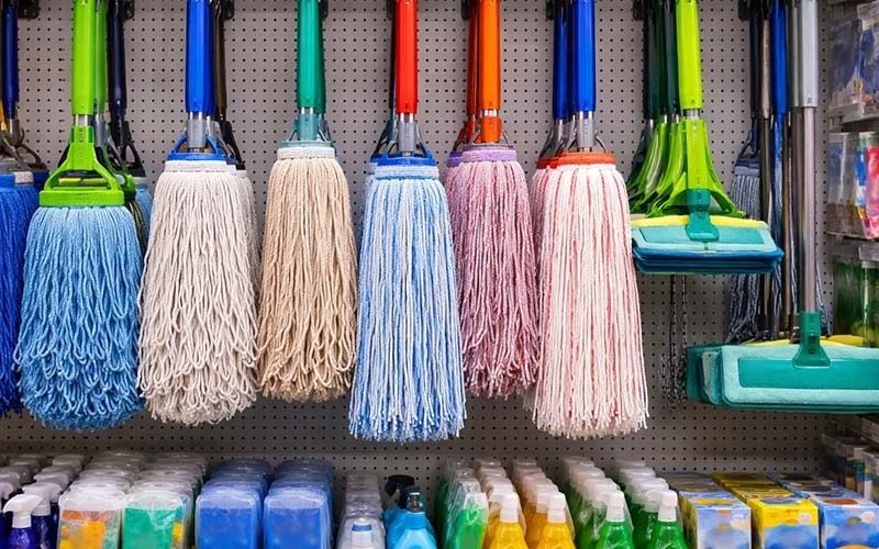 Mop heads hanging in a store