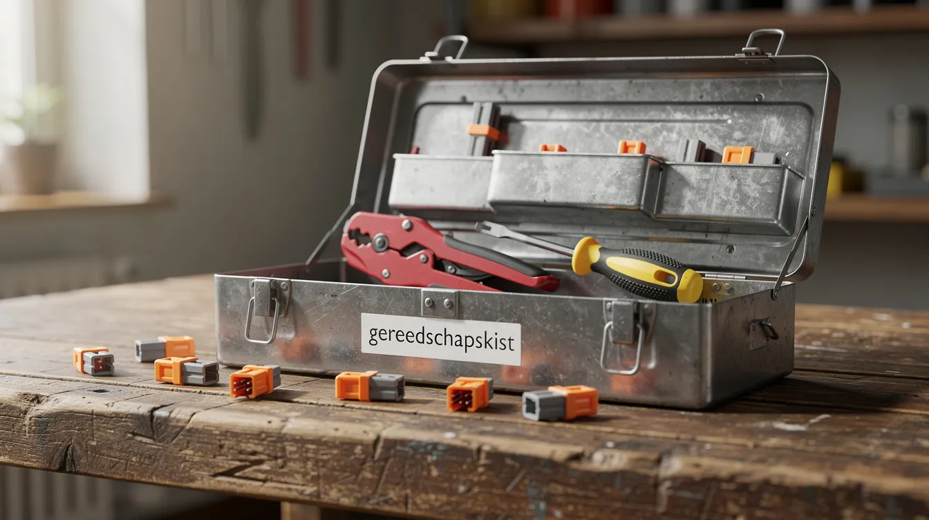 Een open gereedschapskist staat op een werkbank en bevat een striptang, schroevendraaier en lasklemmen, die vaak worden gebruikt bij het aansluiten van een kruisschakelaar of andere schakelinstallaties. De gereedschappen zijn essentieel voor het werken met draden en aansluitpunten in elektrische systemen.