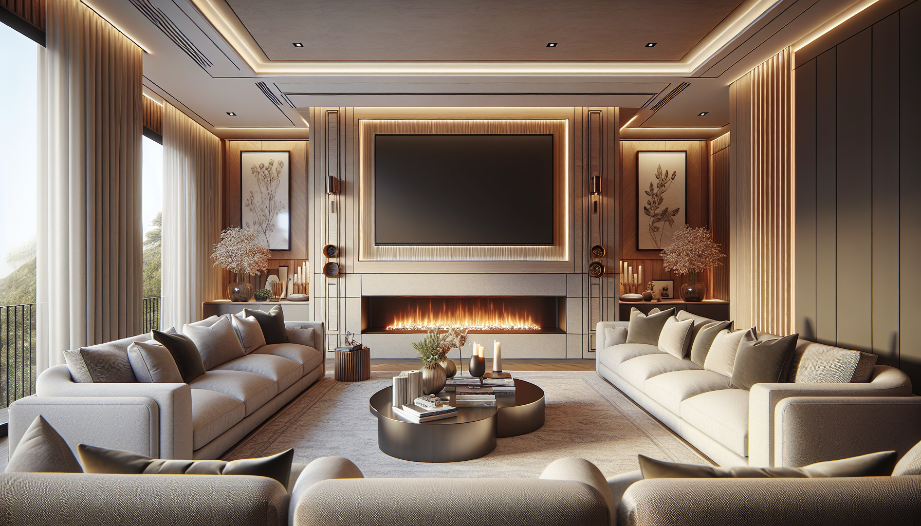 A beautifully designed media wall transforming a living space with a television and fireplace.