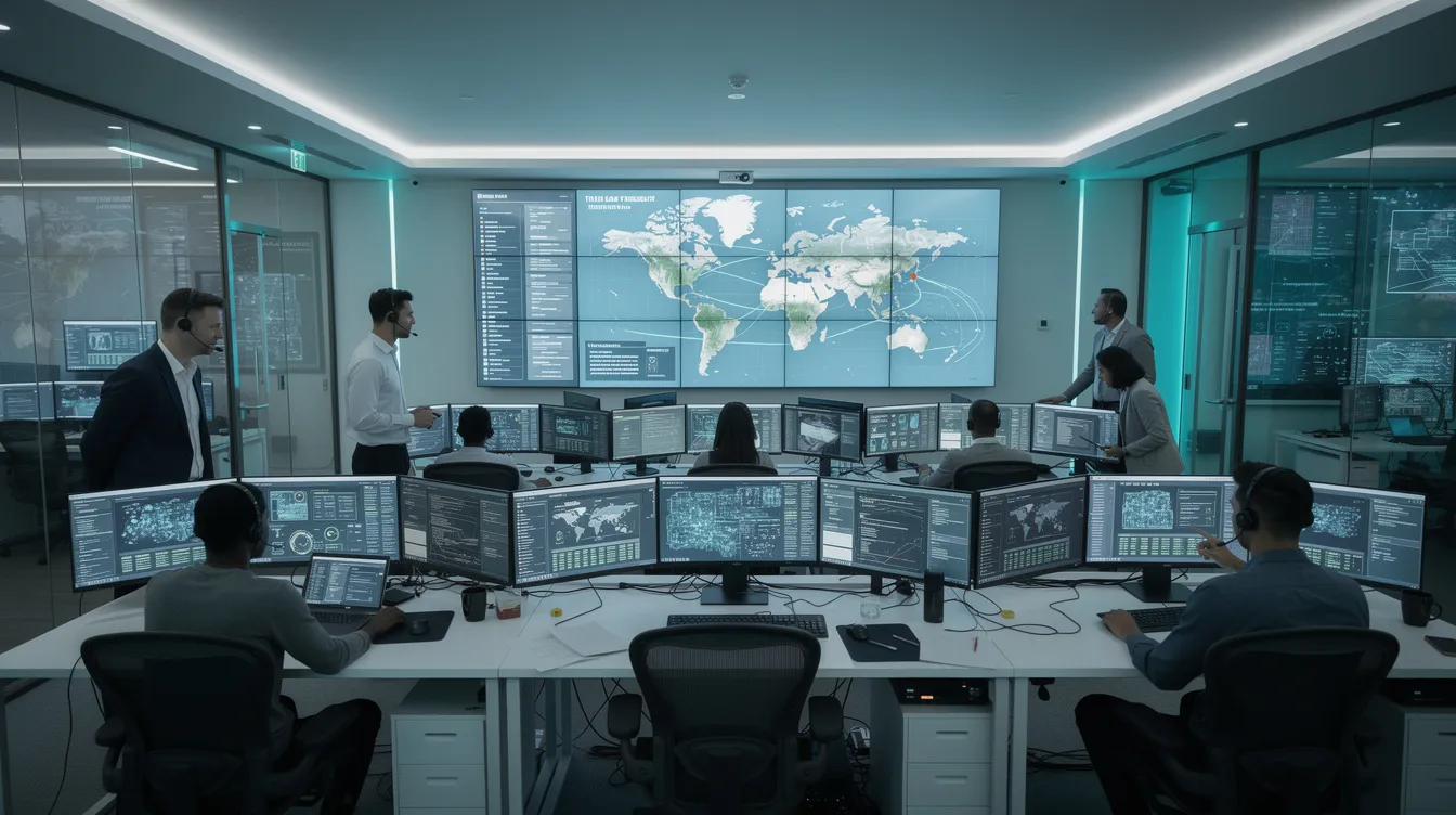 The image depicts a modern security operations center where security analysts are engaged in reviewing various dashboards displayed on multiple glowing monitors. This setup highlights the use of automated vulnerability remediation tools and continuous vulnerability management strategies to ensure robust cloud security and threat intelligence for large enterprises.