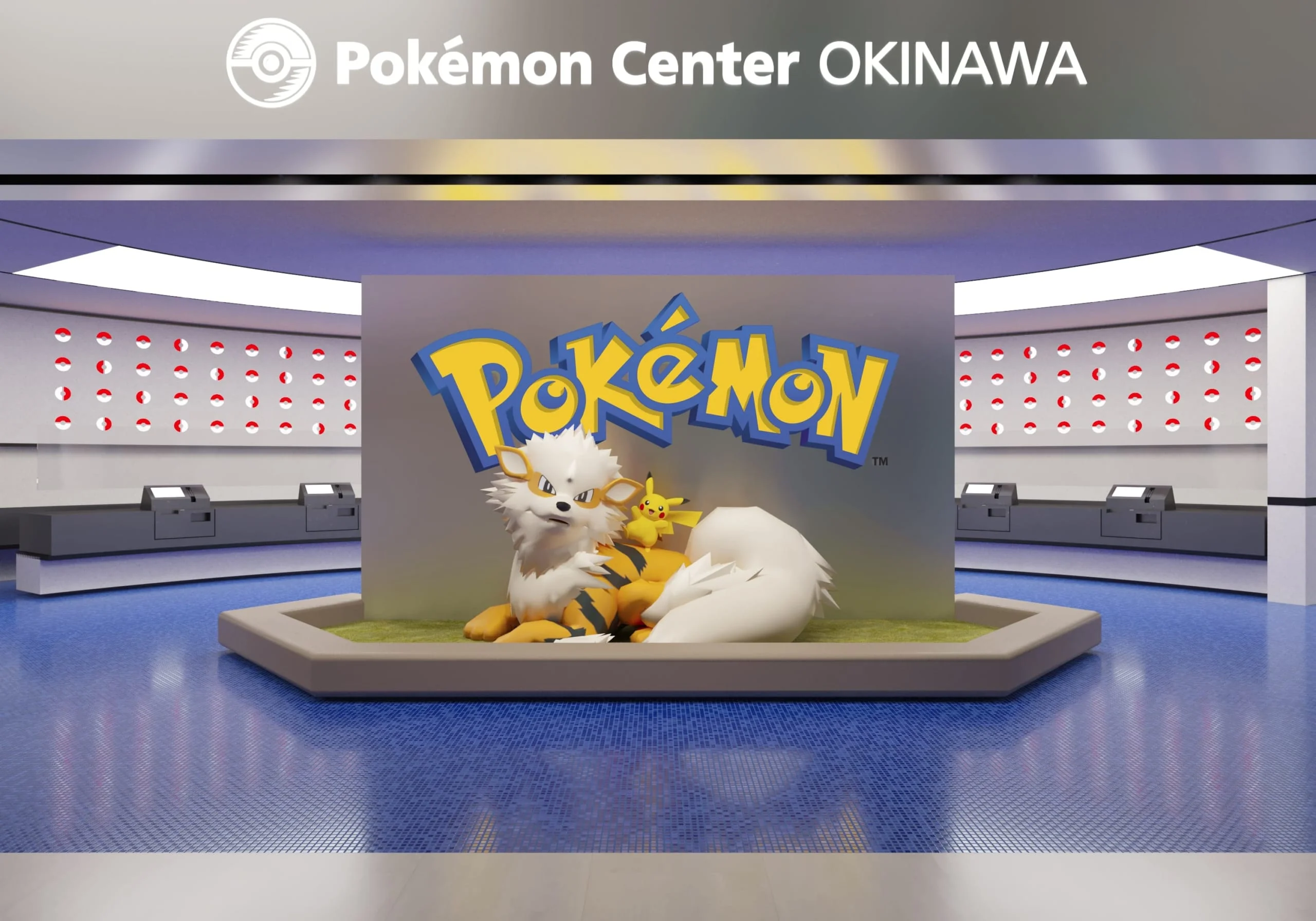 Pokémon Center Okinawa entrance featuring Pikachu and Arcanine