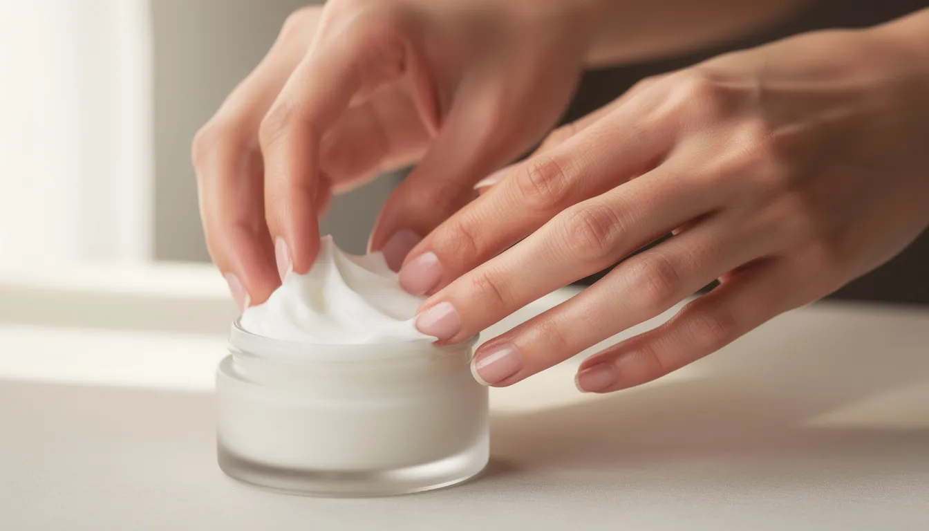 A close-up image shows hands gently applying a creamy white balm from a small glass jar, highlighting the rich texture of the moisturizer that may contain beef tallow and essential oils, beneficial for sensitive or very dry skin. The balm aims to enhance the skin barrier and provide hydration, potentially offering advantages over other skincare products.