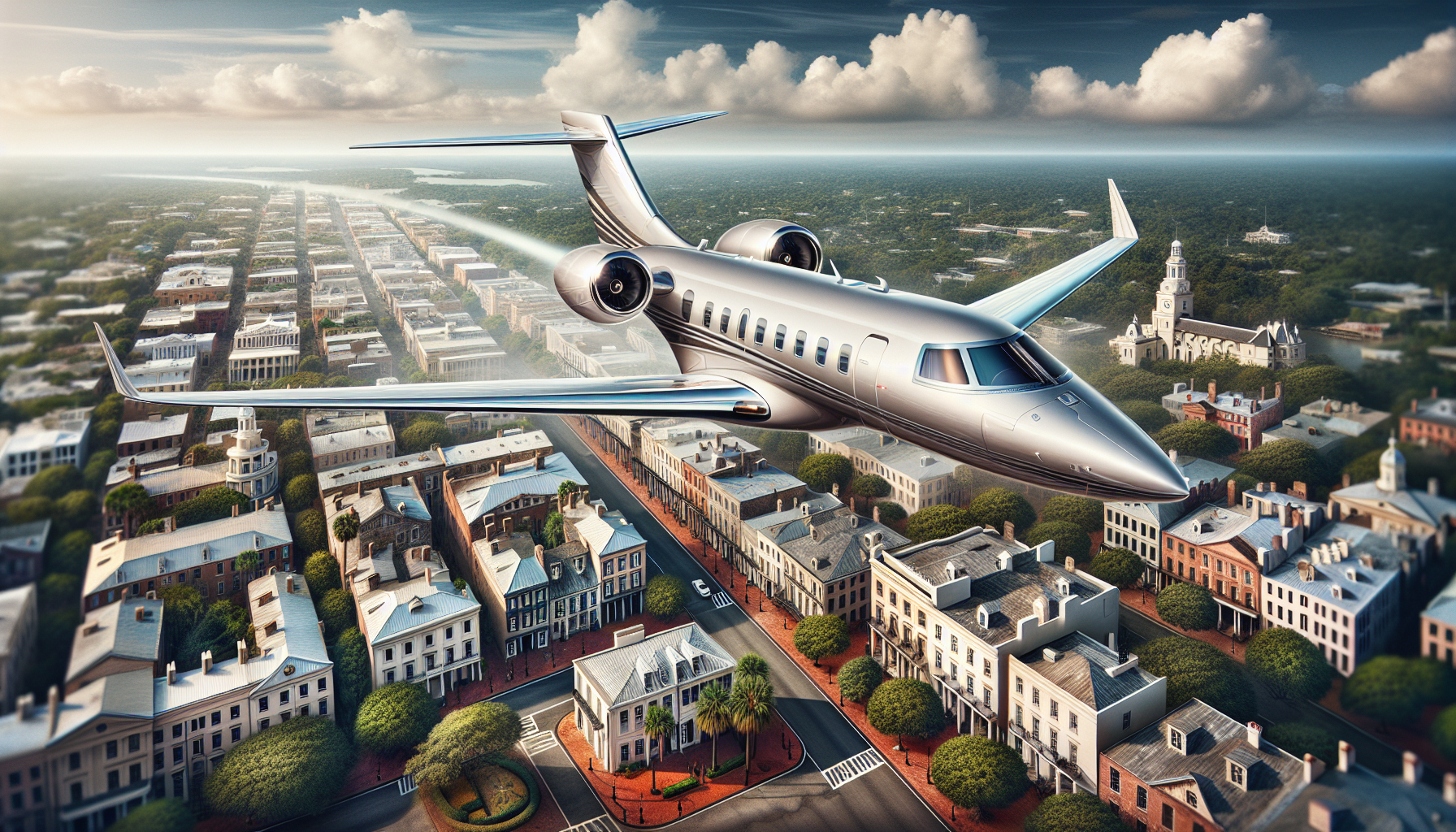 Luxurious private jet flying over the historic district of Savannah