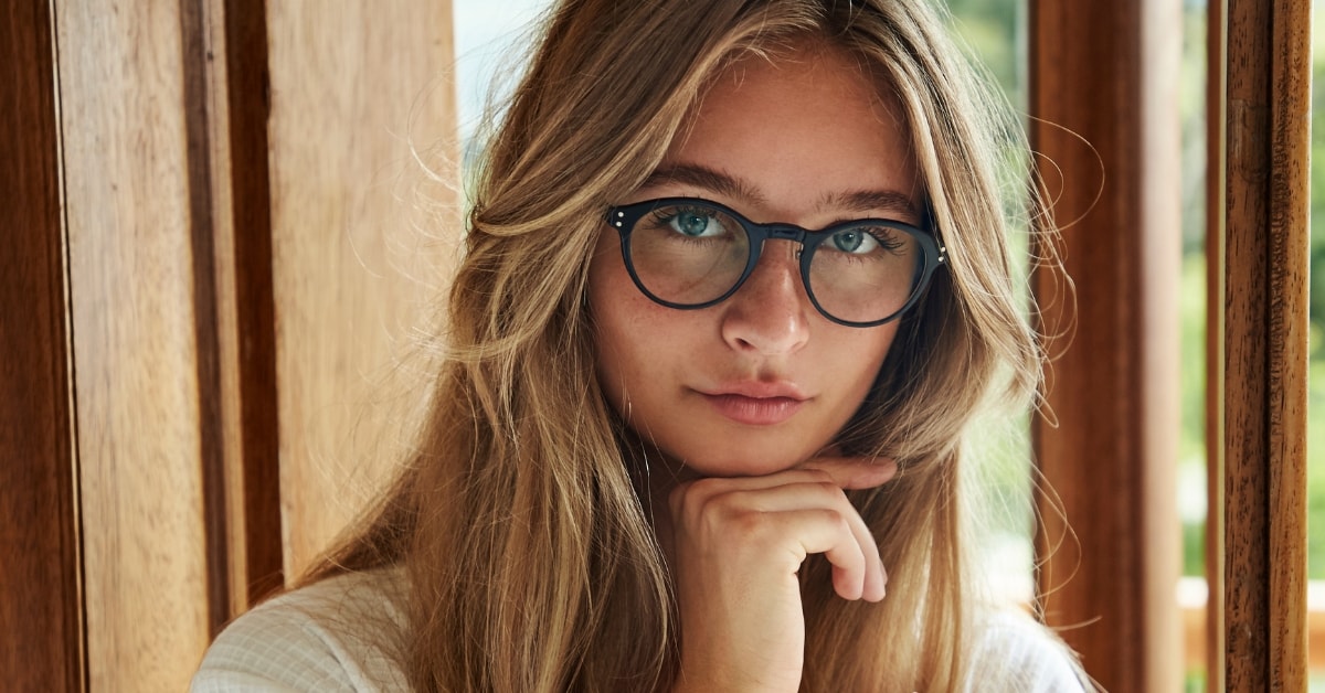 Young woman with glasses, thoughtful expression, addressing her unfiled tax returns for OnlyFans income.