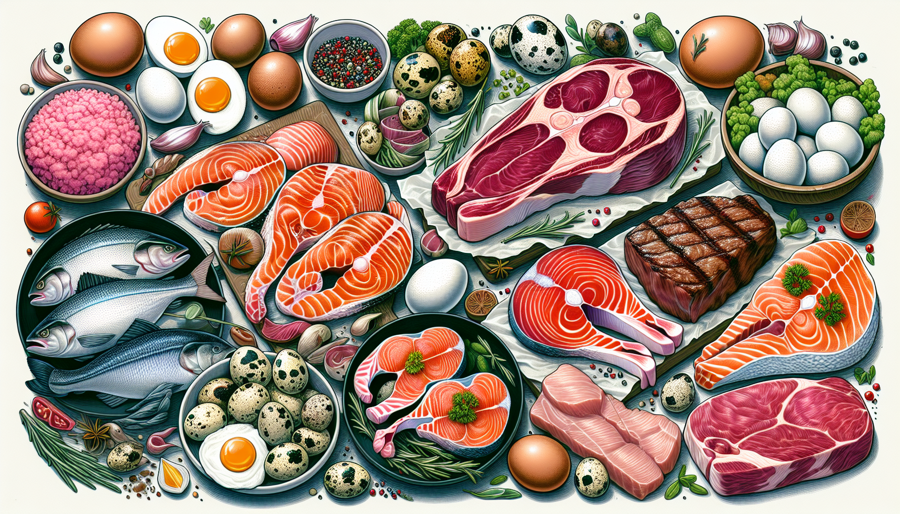 Illustration of various animal products like meat, fish, and eggs