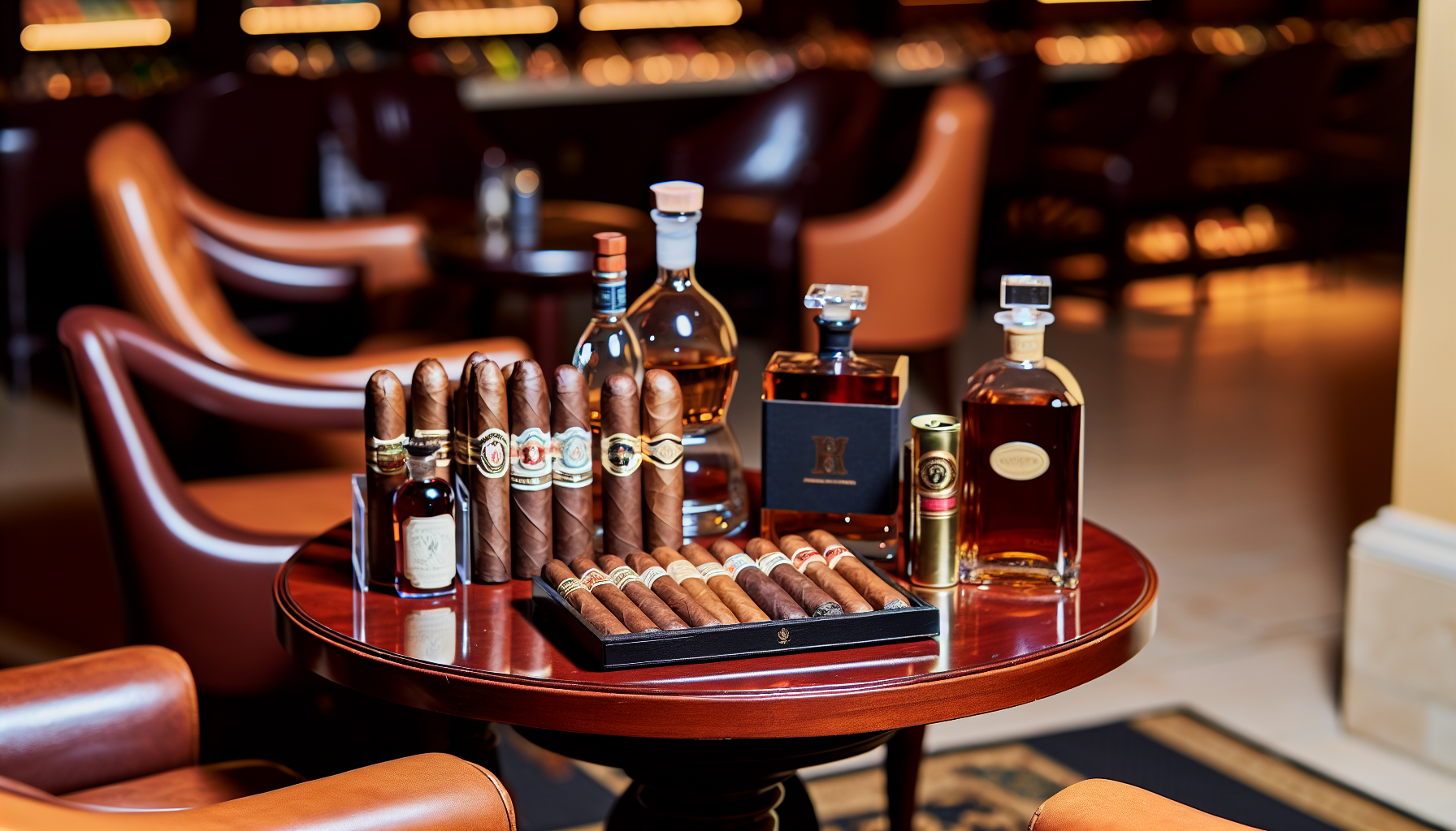A selection of premium spirits and cigars on a table at a cigar lounge in Fort Lauderdale