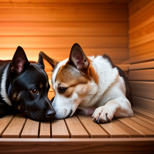 Two dogs inside an outdoor sauna.