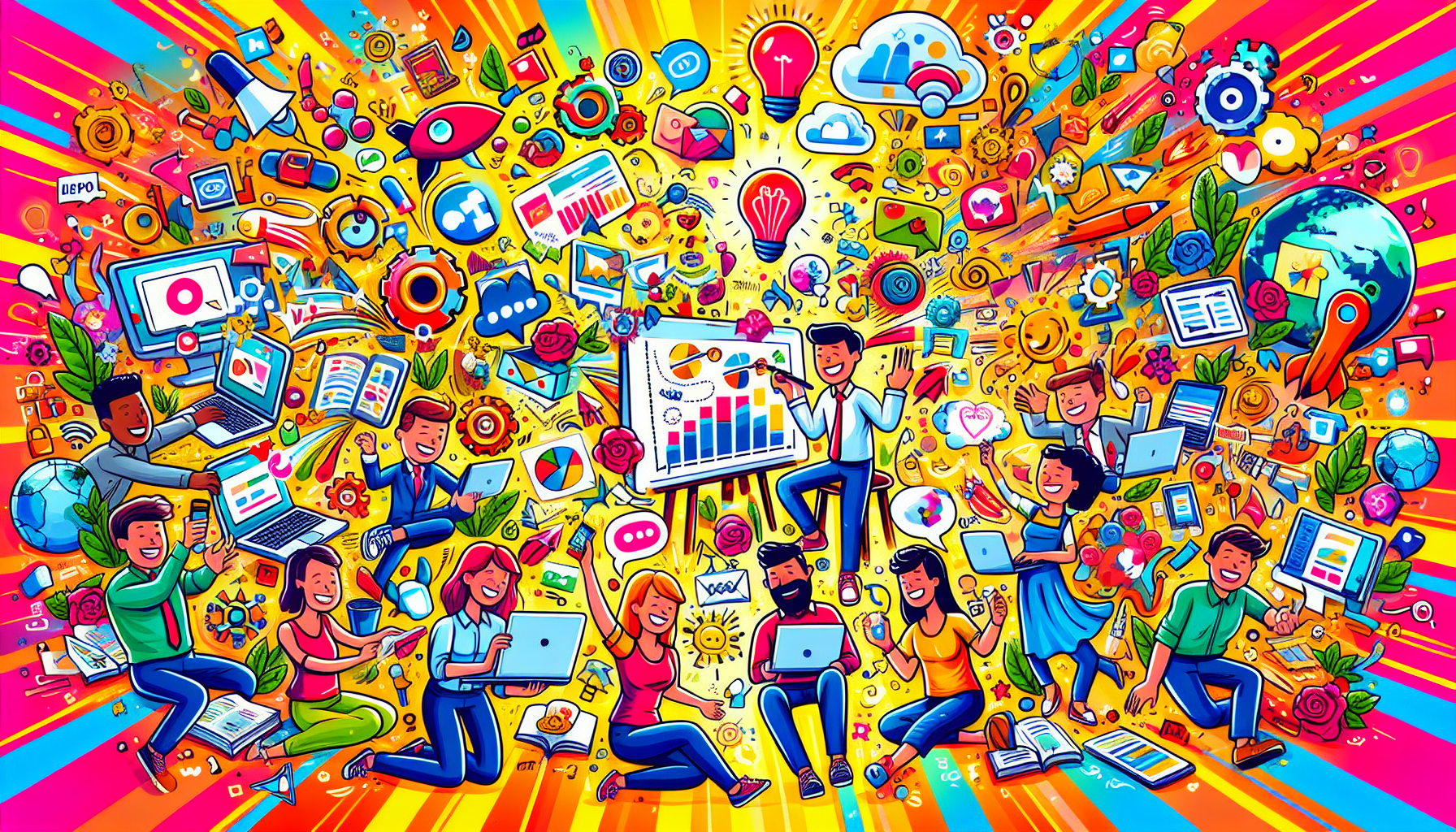 A cartoon showing digital marketers engaging with a variety of marketing tools to reach their audience.