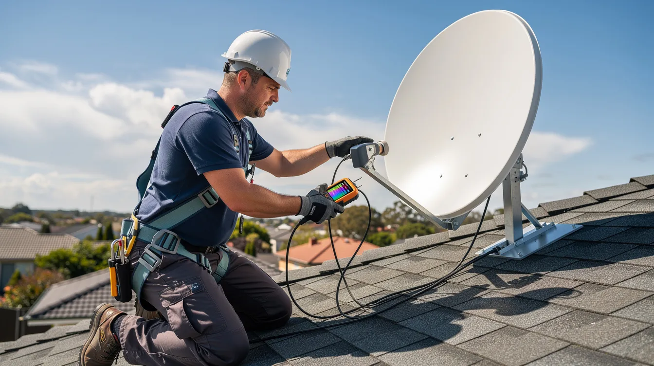 A professional technician is seen on a roof, skillfully adjusting a satellite dish while using signal meter equipment to ensure optimal performance. This image highlights the importance of qualified DSTV installers in Plettenberg Bay, providing efficient DSTV installation services for crystal clear reception and uninterrupted entertainment.