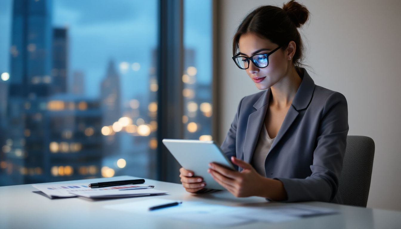 A small business owner analyzing data on a tablet.