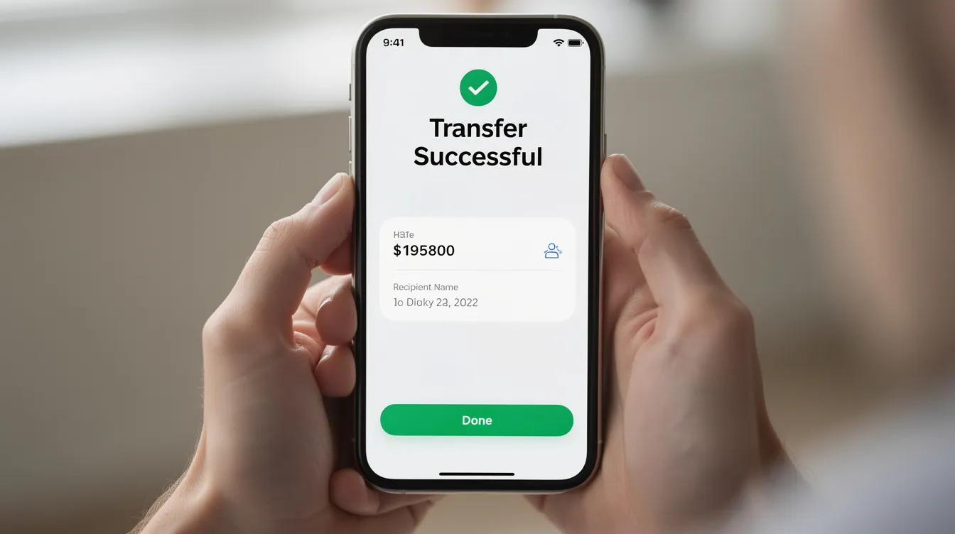 A close-up image of hands holding a smartphone displaying a banking application with a transfer confirmation screen, indicating a successful money transfer. The screen may include details about the transaction, such as currency and fees, highlighting the ease of sending money through services like Mashreq Bank's mobile app.