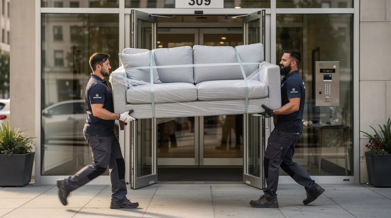 Två leveransarbetare bär en stor, beige soffa genom ingången till en lägenhetsbyggnad. Soffan är av hög kvalitet och har en mjuk klädsel, vilket gör den till ett bra val för hemmet.