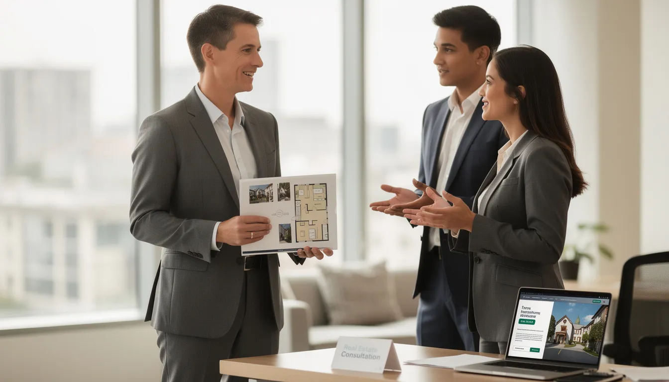 A real estate agent is engaging in conversation with other professionals in a lively setting, showcasing the collaborative spirit of the real estate industry. This interaction highlights the importance of networking for lead generation and business growth among real estate agents.