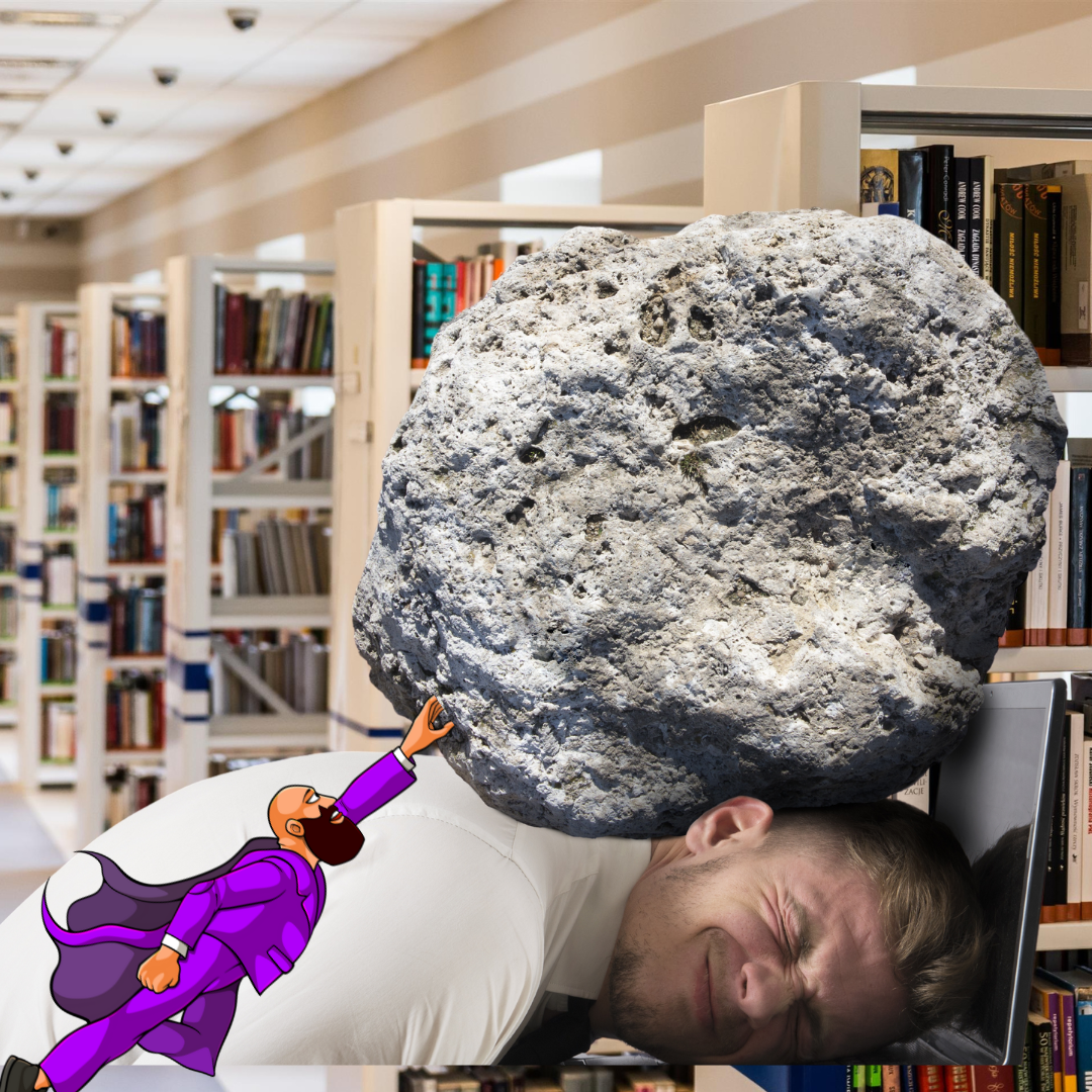 A cartoon professor in a superhero cape pushes a giant boulder off a stressed writer in a library.
