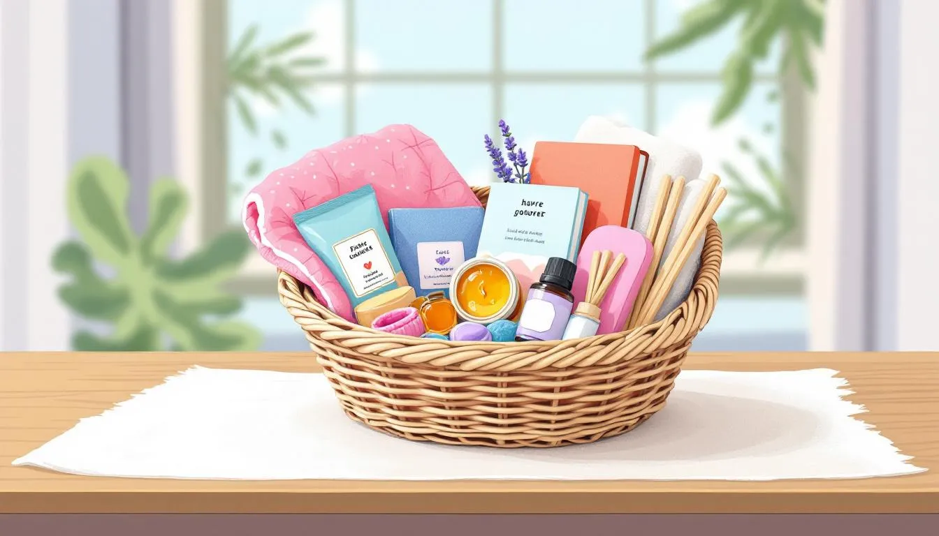 A beautifully arranged self care gift basket showcasing various wellness gifts.