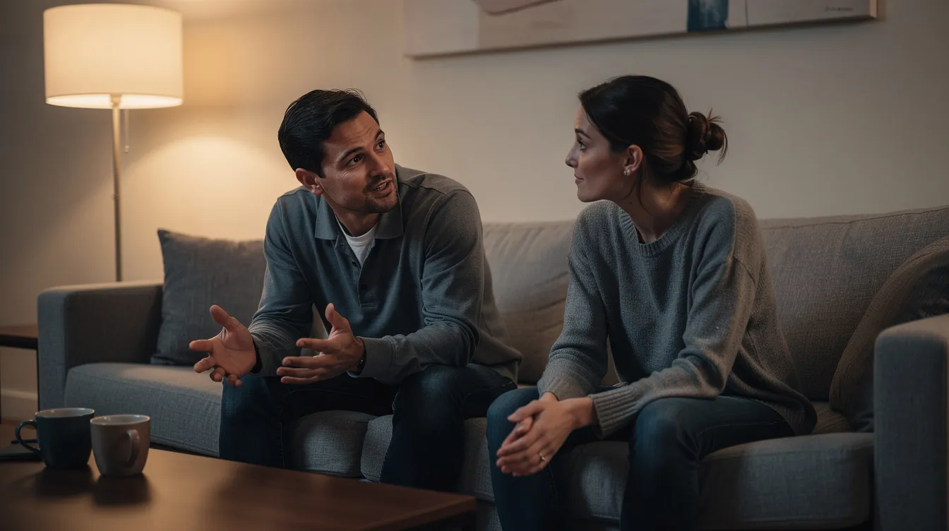The image shows two human beings sitting on a couch, engaged in a conversation where one person listens attentively while the other speaks, highlighting the importance of communication and connection in building relationship compatibility. This moment reflects the ability to understand each other's needs and emotions, which is essential for true compatibility in any relationship.