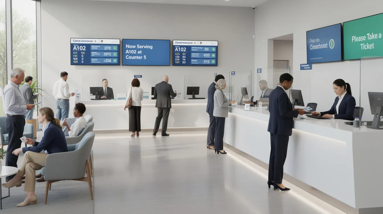 The image shows a modern government service center where documents are being processed, featuring organized queues and digital displays that guide clients through various attestation services, including certificate attestation and visa services. The environment reflects efficiency and professionalism, ensuring that customers can navigate the attestation process smoothly.