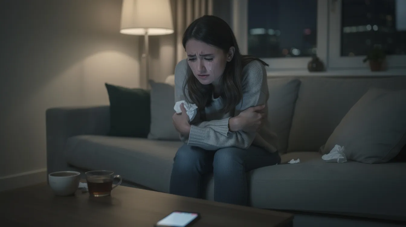 A woman sits on a couch, visibly upset and crying after experiencing a painful breakup, reflecting the emotional turmoil often associated with leaving a toxic relationship. This moment illustrates the importance of acknowledging one's feelings and the healing process as she navigates her grief and begins to let go of the past.