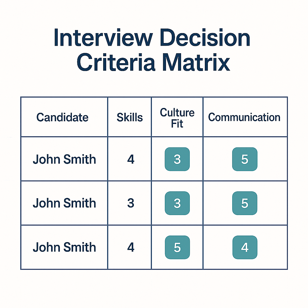 Scorecard-style table titled ‘Interview Decision Criteria Matrix’ displaying evaluation of one candidate, John Smith. The grid includes columns for Skills, Culture Fit, and Communication with numerical scores, using navy headers and teal highlights on a clean white background.